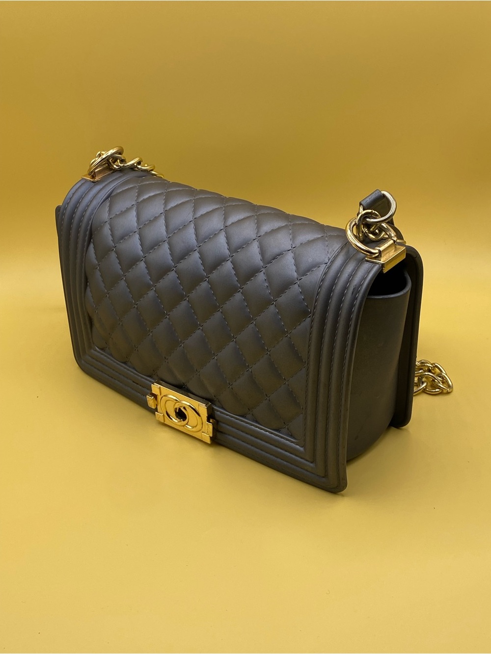 Quilted Leather Chain Shoulder Bag in Dark Gray with Gold Hardware